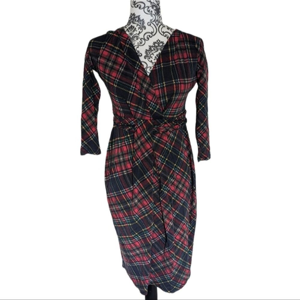 Weekend MaxMara Tartan Wrap Front Dress Black Red Jersey size Small